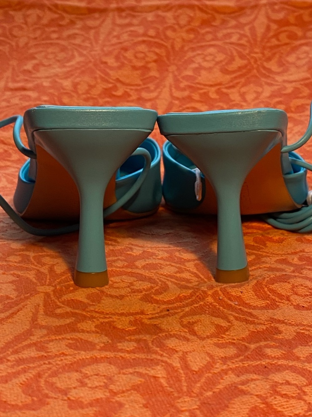 NWOT Stradivarius turquoise leather ankle wrap mules,kitten heels,pointy toe,7 - Picture 6 of 12